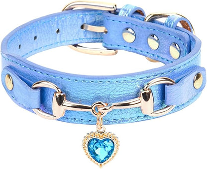 THAIN Fashion Dog Collar with Bling Diamonds & Heart Charm – 5 Holes Adjustable PU Leather Rhinestones Necklace Collar, Gold Buckle for Medium Dogs boy (Blue, M)