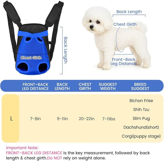 Dog Backpack Carrier, Thick Straps & Cushion, Pet Sling Front Backpacks for Small Medium Dogs 7-11 Lbs, Legs Out, Adjustable Wearable Puppy Chest Travel Bag, Easy-Fit for Hiking/Walking/Camping