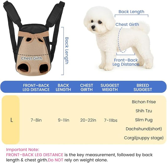 Dog Backpack Carrier, Thick Straps & Cushion, Pet Sling Front Backpacks for Small Medium Dogs 7-11 Lbs, Legs Out, Adjustable Wearable Puppy Chest Travel Bag, Easy-Fit for Hiking/Walking/Camping