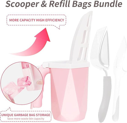 Cat Litter Scoop, Cat Litter Scooper with Holder and 150 Cat Poop Bags for Litter Box: Removable Litter Sifter Shovel and Large Capacity Trash Can, Portable Kitty Poop Scooper Built in Bags (Pink)
