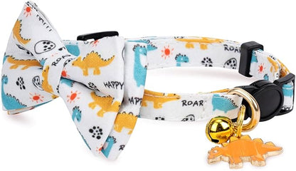 2 Pack Cotton Cat Collar with Bow Tie and Bell for Girl Boy Cats,Cute Pink Flamingo and Blue Whale Pattern Spring Summer Breakaway Cat Collar for Male Female Cats (Dinosaur)