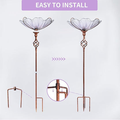 MUMTOP 31 Inch Height Glass Birdbath Birdfeeder with Metal Stake Garden Yard Outdoor Purple