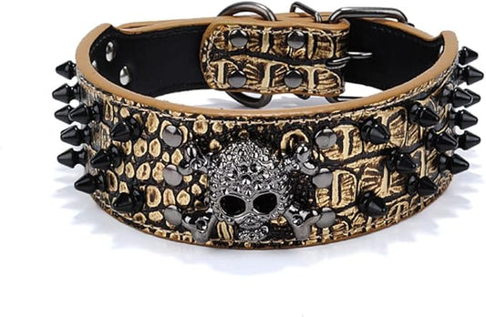 Serijoars Spiked Studded Dog Collar, PU Leather Dog Collar, Adjustable Pet Collars for Medium or Large Breed Pet (L, Gold Brown2)