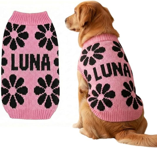 Custom Knit Sweater for Small Dogs and Cats with Personalized Name, Flower Pattern, Soft Knit Winter Apparel, Ideal for Pet Lovers, Cozy and Stylish Pet Clothing