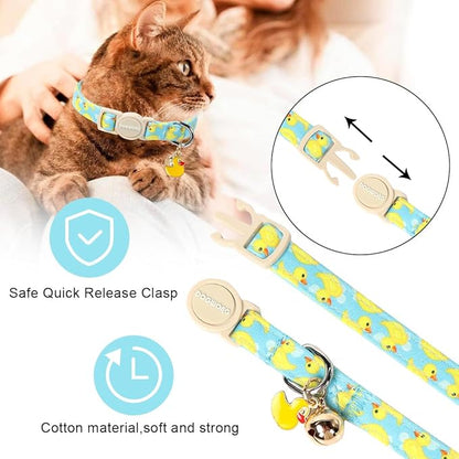 2 Pack Summer Duck Dinosaur Cat Collars Breakaway with Bell, DOGWONG Safety Buckle Duck Cat Collar for Girl Boy Cats，Adjustable 7-12 Inch