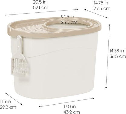 IRIS USA Top Entry Cat Litter Box, Large Enclosed with Litter Catching Lid and Scoop, Dog Proof, Cat Litter Box, White/Beige