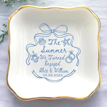 Personalized Ring Dish Engagement Gift, Whimsical Doodle Engaged Ring Holder, Custom Wedding Jewelry Dish, Jewelry Tray Gifts for Newly Engaged Couple Her Bride Wife Bestie
