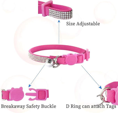 Pack of 2 Rhinestone Cat Collar Breakaway with Bell Safety Buckle, Adjustable Diamond Girl Boy Kitty Cute Comfy Collar for Kitten Tiny Little Pets Rabbits, 6"-9" Extra Small