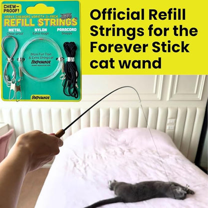 Replacement Strings for Cat Wands, 3 Pieces - Chew-Proof Metal Wire, Durable No Tangle Transparent Fishing Line and Paracord String - Heavy Chewers Refill Strings with Universal Clasps for All Toys