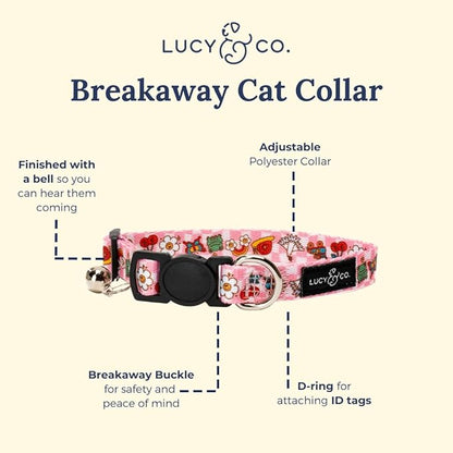 Lucy & Co. Cutie Patootie Breakaway Cat Collar with Bell – Designer Print Adjustable Safety Collar for Cats, Kittens & Small Dogs, Lightweight Pet Collar for Boy & Girl Cats – Large