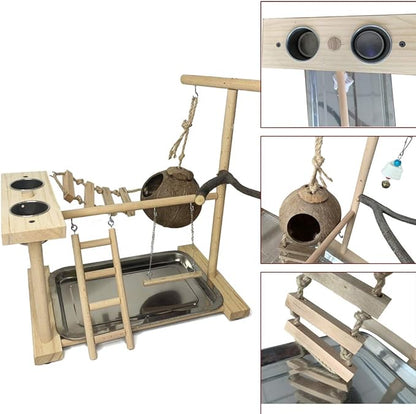 Hamiledyi Parrot Playground Bird Play Stand Natural Wood Parrot Perch Gym with Feeder Cups Cockatiel Nest with Ladder Lovebirds Cage Accessories Toy Exercise Activity Center for Cockatiel Lovebirds