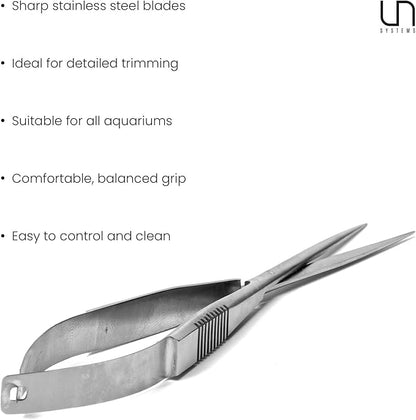 UNS Aquascaping Tools - Stainless Steel Rust Resistant Freshwater Planted Tank Saltwater Reef Aquarium Maintenance Accessory - Trimming Stem & Carpets, Coral Cutting - Straight Spring Scissors, Silver