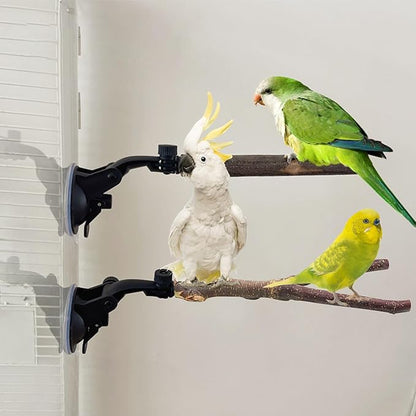 Natural Wood Bird Perch Stand With Suction Cup - 2 PCS Parrot Cage Toys, Shower and Window Stand, Wall Bath Rack for Cockatoo, Macaw, Parakeet