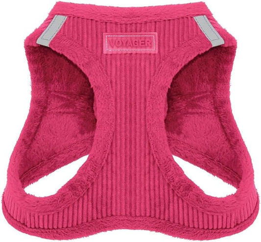 Best Pet Supplies - All Weather Plush, Reflective, No Pull Harness for Small, Medium Dogs, Cats - Secure with Hook & Loop Fastener, Buckle, Double D-Rings - Fuchsia Corduroy, XL