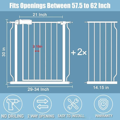 57.5-62" Extra Wide Baby Gate for Doorways,30" Tall Double Lock Mechanism Metal Dog Gate Pressure Mount，Automatic Closing Child Safety Gate,White