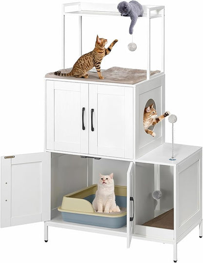 HOOBRO Litter Box Enclosure, Litter Box Furniture with Storage, 2-in-1 Hidden Cat Furniture with Shelf, 2 Dangling Plush Balls and 1 Toy Ball, Large Wooden Cat Washroom, White WT78MW01