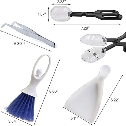 Tiny Cleanning Broom, Scooper Feeding Tool,Mini Dustpan and Brush, Stainless Steel Tweezer Reptile Tank Cleaner for Reptile and Other Small Animals Supplies 3Pcs
