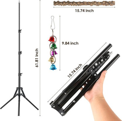 Adjustable Bird Perch Stand, 16-62 Inch Height Adjustable Bird Training Perch Stand with Feeding Cups and Swing Toy, Natural Pepper Wood Parrot Perch Toy for Small Medium Birds Indoor Outdoor Use