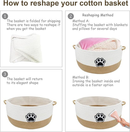 Dog Toy Basket,Large Dog Toy Storage Woven Rope Basket ,Dog Toy Bin with Comfortable Handles,for Dog Cat Storage Organizer,Blanket & Leash Storage,Toys,White & Brown