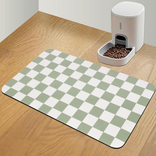 Checkered Dog Food Mat, Absorbent Leak-Proof Pet Feeding Mat, Quick Dry Cat Food Mat for Messy Drinkers 16" x 24" Green