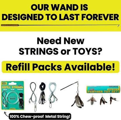 Forever Stick with Chew-Proof Metal Wire String and Transparent Fishing Line String - The Unbreakable Cat Wand Toy, Extra Long Durable Cat String Toy for Indoor Cats, Cat Fishing Pole Toy