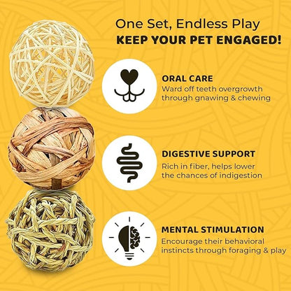 SunGrow Assorted Rabbit & Cat Chew Balls, Teething Activity Toy for Pocket Pets, Improves Dental Health, Environment Friendly, Stress Reliever (Assorted Rabbit Chew Balls, 6 Pcs)