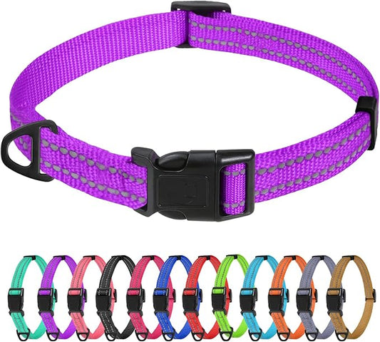 TagME Reflective Nylon Dog Collars, Adjustable Classic Pet Collar with Quick Release Buckle for Extra Small Dogs, Purple, 5/8" Width