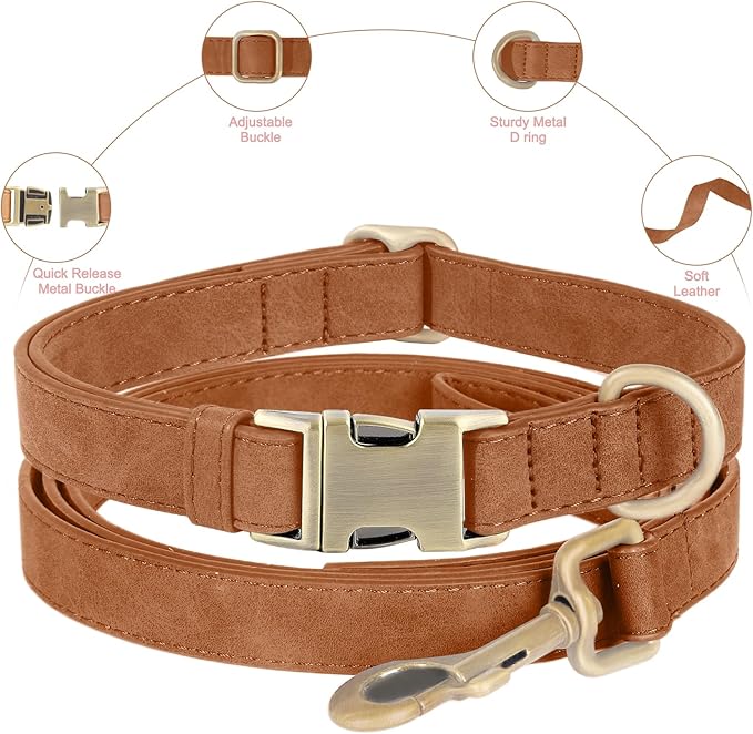 Genuine Leather Dog Collar - Adjustable Pet Collar with Quick Release Metal Buckle, Soft Skin Friendly Real Leather Collar for Small, Medium, Large Dogs (Khaki Collar + Rope, M：Fit 12-20" Neck)