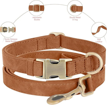 Genuine Leather Dog Collar - Adjustable Pet Collar with Quick Release Metal Buckle, Soft Skin Friendly Real Leather Collar for Small, Medium, Large Dogs (Khaki, S：Fit 8-16" Neck)
