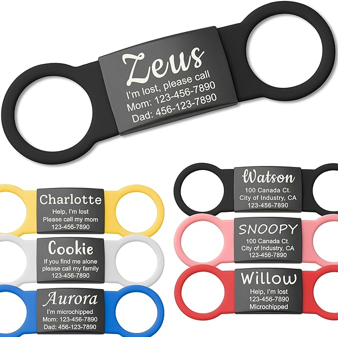 Anavia Slide On Silent Pet ID Tags, S/M/L/XL Personalized Black Stainless Steel Colored Silicone Cat Dog Name Tag, Customized Engraved Nameplate, Quiet Chew-Proof Pet Collar Tag (Black, Small)