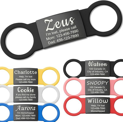 Anavia Slide On Silent Pet ID Tags, S/M/L/XL Personalized Black Stainless Steel Colored Silicone Cat Dog Name Tag, Customized Engraved Nameplate, Quiet Chew-Proof Pet Collar Tag (Black, Large)