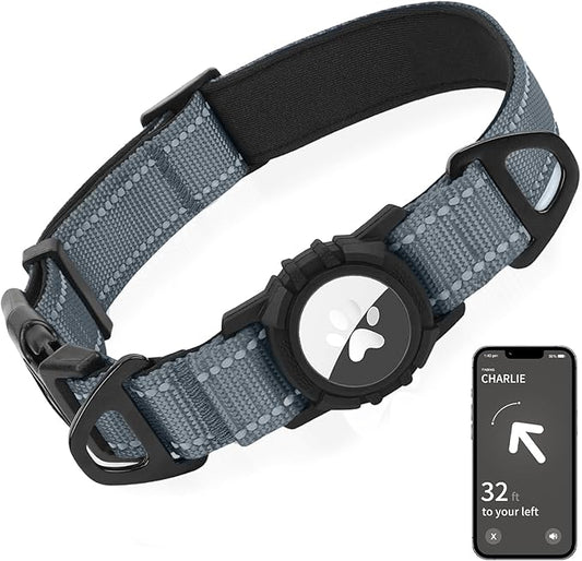 Joytale Airtag Dog Collar, Reflective Pet Collar with Waterproof AirTag Holder, Dual D-Rings, Soft Padded Adjustable for Extra Small and Puppy Dogs, Gray, XS
