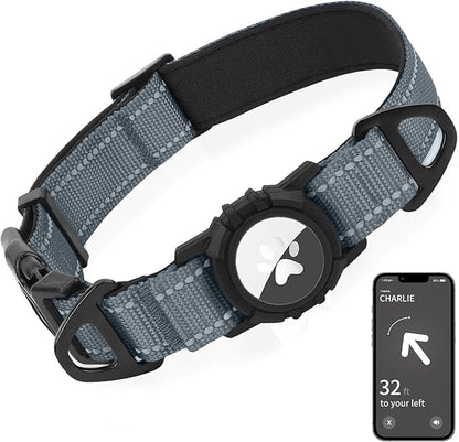 Joytale Airtag Dog Collar, Reflective Pet Collar with Waterproof AirTag Holder, Dual D-Rings, Soft Padded Adjustable for Large Dogs, Gray, L