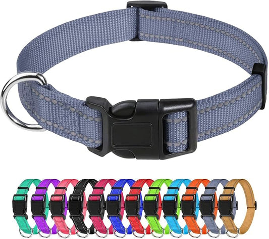 TagME Reflective Nylon Dog Collars, Adjustable Classic Pet Collar with Quick Release Buckle for Small Dogs, Grey, 3/4" Width