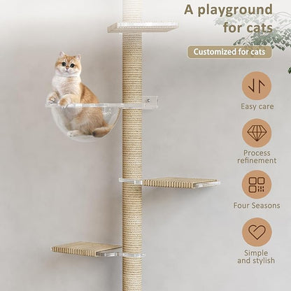 Floor to Ceiling Cat Tree, Acrylic Top Support PlateTall Cat Tower Natural Sisal Rope Scratching Post, Adjustable Height 55-103 Inches, Multi-Platform Activity Center