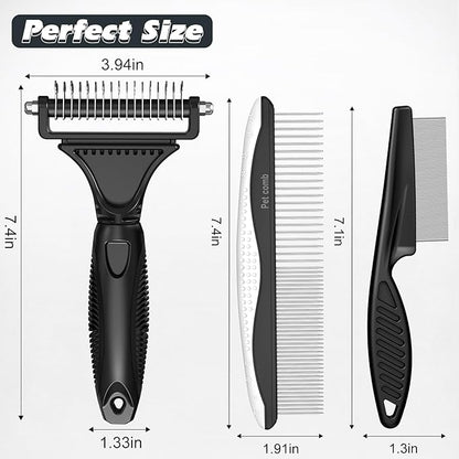 3PCS Pet Grooming Rake & Metal Comb & Flea Comb for Cats and Dogs, Double-Sided Dematting Tool, Extra-Wide Deshedding Dog Brush for Long Hair to Effectively Remove Tangles, Knots and Mats (Black)