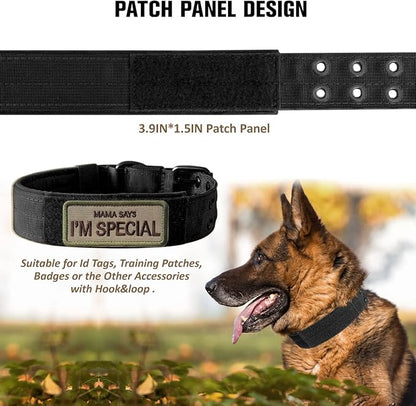 Tactical Dog Collar Military Adjustable Dog Collars Soft Nylon Training Collar with Patch Heavy Duty Metal Buckle Collars for Medium Large Dogs (Black, L)