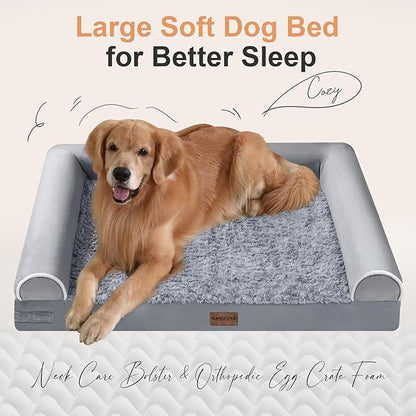 Large Dog Bed Orthopedic Washable: Jumbo Dog Bed Bolster Extra Large Dogs Egg Crate Foam Sofa Couch Waterproof Removable Cover - Grey