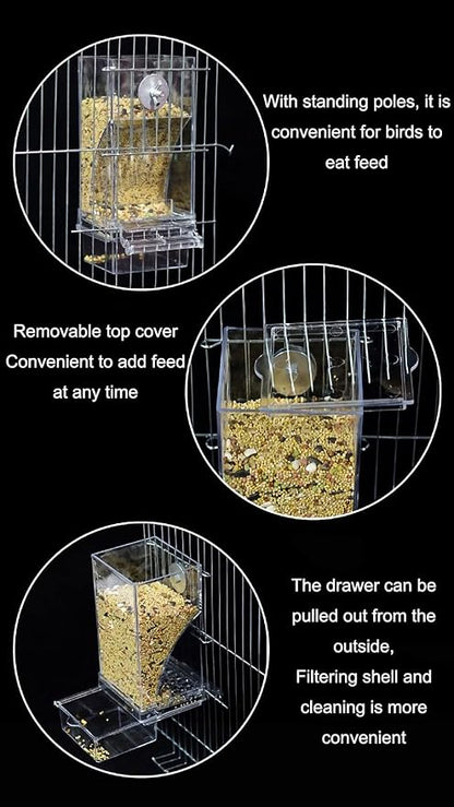 No Mess Bird Feeder,Bird Feeder for Cage,Automatic Acrylic Parakeet Feeder Cage Accessories for Small Birds Parrot Parakeets Canary Cockatiel Finch(Transparent)