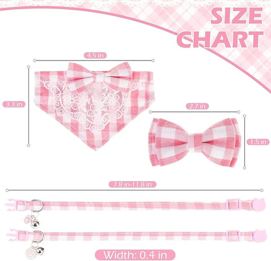EXPAWLORER Cute Cat Collar Breakaway with Bells - 2 Pack Adjustable Plaid Pet Collar with Removable Bow Tie and Bandana, Safety Buckle for Girl Boy Cats Kitten, Pink Plaid