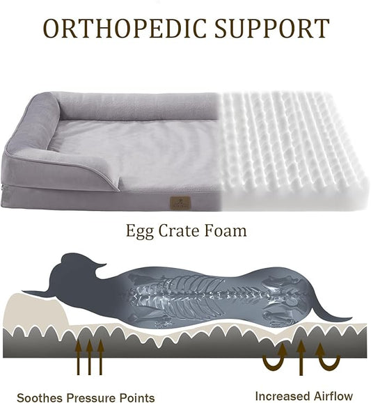 Bedfolks Orthopedic Dog Bed XXL, Waterproof Dog Sofa Bed for Giant Dogs, Egg Foam Pet Couch Bed with Removable Washable Cover and Nonslip Bottom, Light Grey