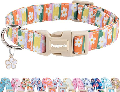 Faygarsle Colorful Floral Dog Collar, Cotton Fabric with Daisy Pattern, Multi-Color Stripes Spring Summer Design for Small Medium Large Dogs S