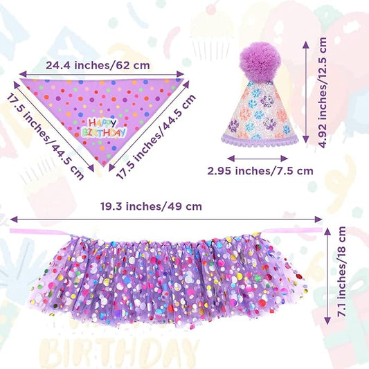 Dog Birthday Bandana with Hat and Dress Girl Set Puppy Birthday Party Supplies Cute Tutu Skirt Outfit for Small Medium Large Dogs Decorations(Purple) (Light Purple)