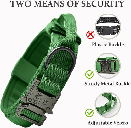 Tactical Dog Collar, Adjustable Military Training Nylon Dog Collar with Control Handle and Heavy Quick-Release Metal Buckle for Small Medium Large Dogs, Emerald Green XL