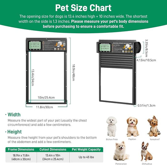 Automatic Pet Door, Dog Door Radar, Timer & Light Sensor Modes, Solar & USB Rechargeable Doggy Door, Durable Aluminum, Weatherproof, 10"×13", 24/7 Operation for Small Pets Up to 45 lb (Black)