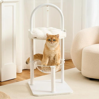 Modern Cat Tree Tower for Indoor Cats up to 12lbs, 34" H Furniture-Style Metal Cat Tower with Scratching Posts, Wood Cat Bed with Soft Plush Cushion Washable, Acrylic Capsule, Soft White