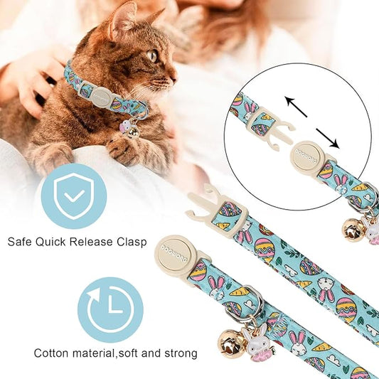 DOGWONG 2 Pack Easter Day Cat Collars, Breakaway with Bell, Adjustable 7-12 Inch, Egg Color, Cotton Material, All Breed Sizes
