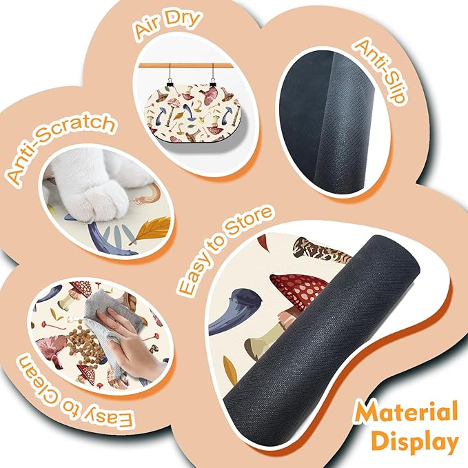 24''x16'' Absorbent Dog Food Mat, No Stains Quick Dry Pet Water Mat Protect Floor, Cat Dog Water Bowl Mat for Messy Drinkers, Non-Slip Rubber Base Pet Placemats for Food and Water, Mushroom