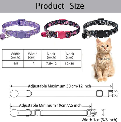 Cat Collar Breakaway with Bells, 3 Pack Girl Boy Pet Cat Collar with Bohemia Floral Tribal Geometric Patterns, Adjustable 7.5-12 Inch, with Safety Buckle for Kitten Cat(Set D)