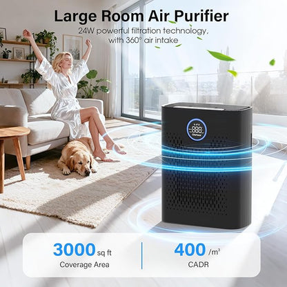 Air Purifiers for Home Pets Up to 3000Ft², H14 HEPA Large Room Air Purifier with PM2.5 Air Quality Monitor, Sleep Mode, Air Purifiers for Bedroom Office for Allergies, Smoke, Dust, Pollen,8000B,Black